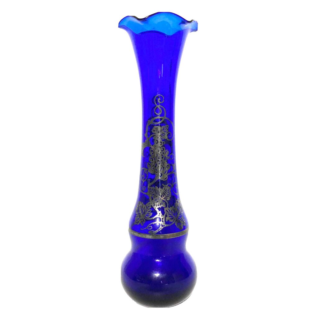 Vintage COBALT BLUE Hand Blown Gilded Art Glass Bud Vase Genie Bottle 8 in Tall